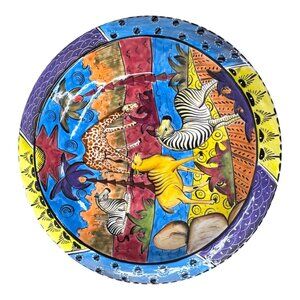 Handmade & Painted Penzo Zimbabwe Safari Gazelle Zebra Giraffe Ceramic Bowl 10"